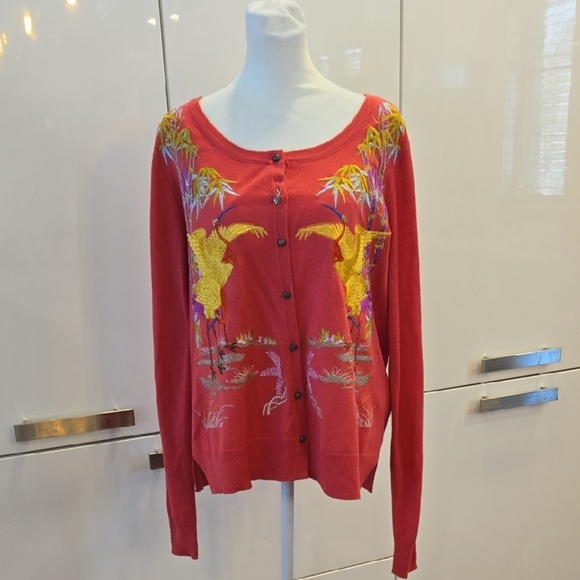 Soft Surroundings Embroidered Bird Charm Button Up Cardigan Pink Red Size Small - Picture 1 of 10